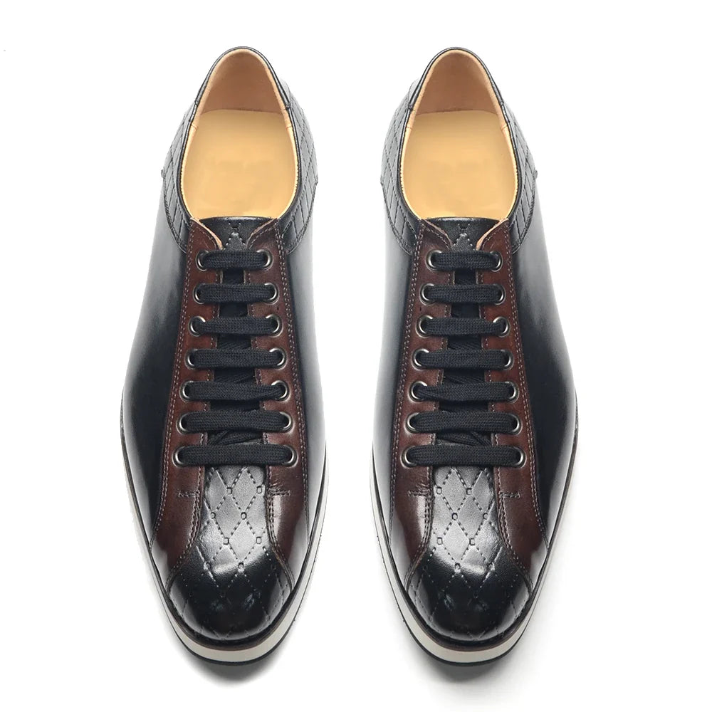 Europe 2024 Fall Luxury Men's Genuine Leather Plaid Casual Shoes | Black & Dark Brown Business Sneakers (Height Increasing)