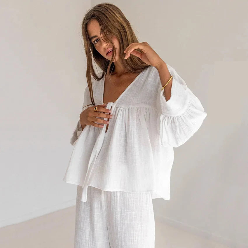 Women's Pajamas Cotton 2-Piece Set V-Neck