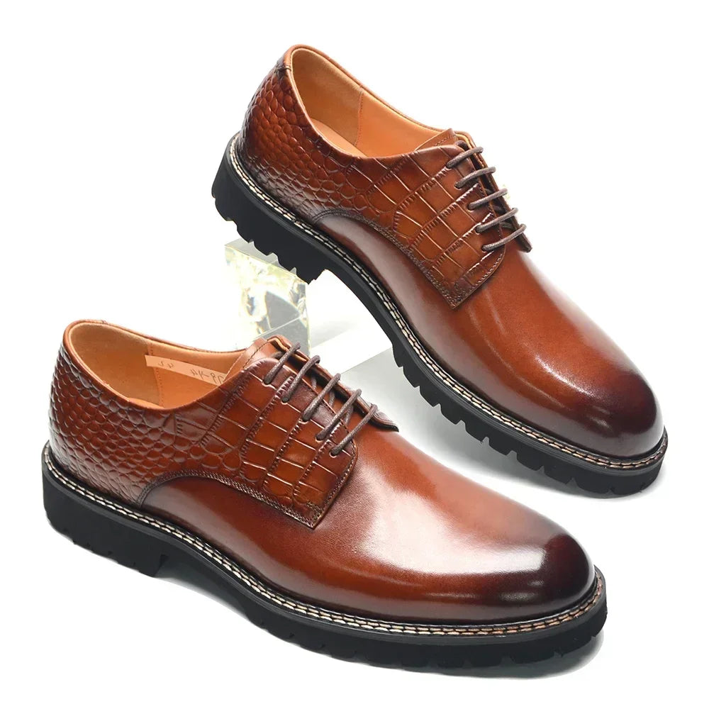 Designer Men's Genuine Leather Casual Derby Shoes | Crocodile Print Business & Social Sneakers (Height Increasing)
