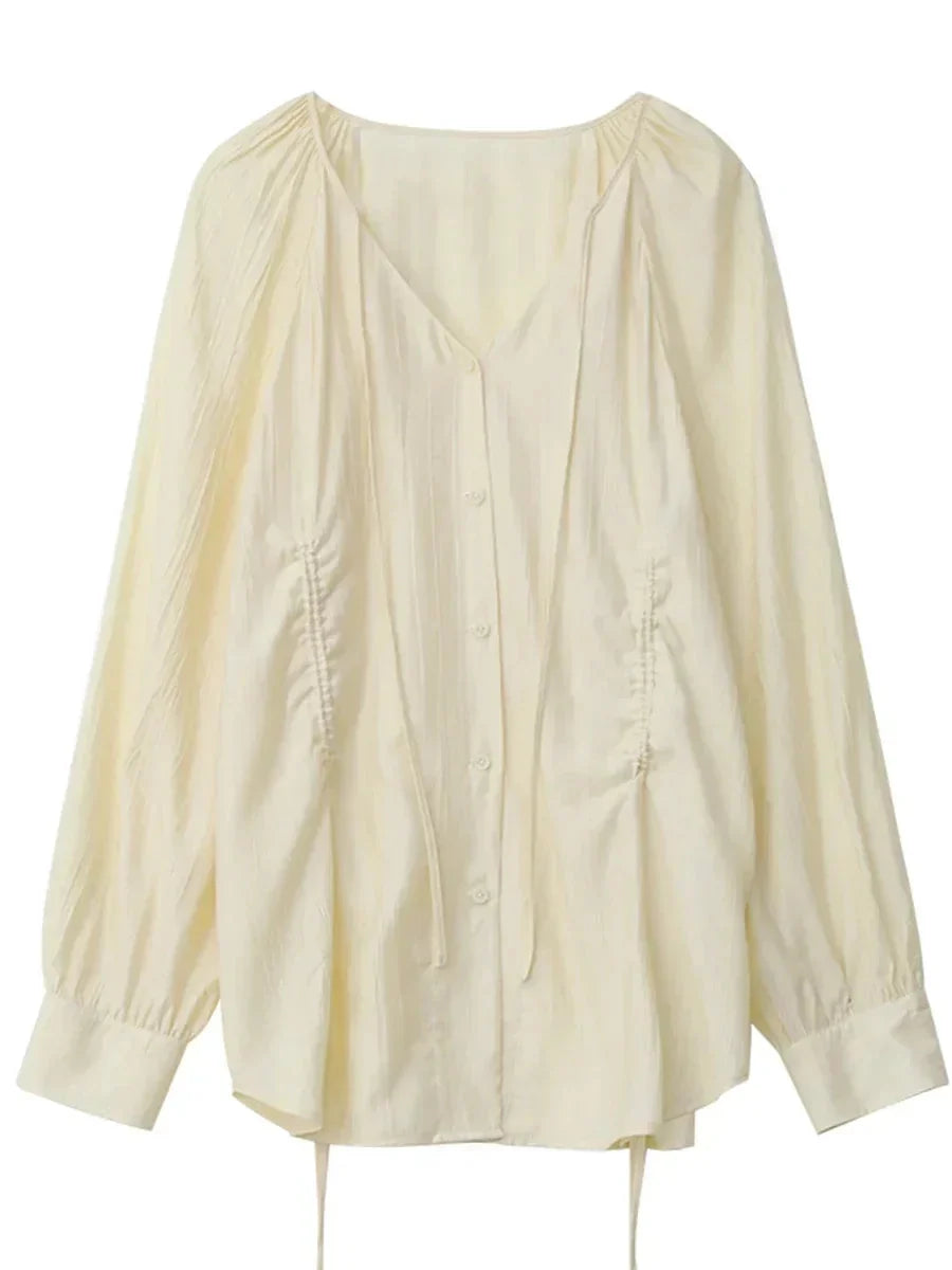 Women’s V-Neck Lace-Up Blouse Loose Pleated Spring Top