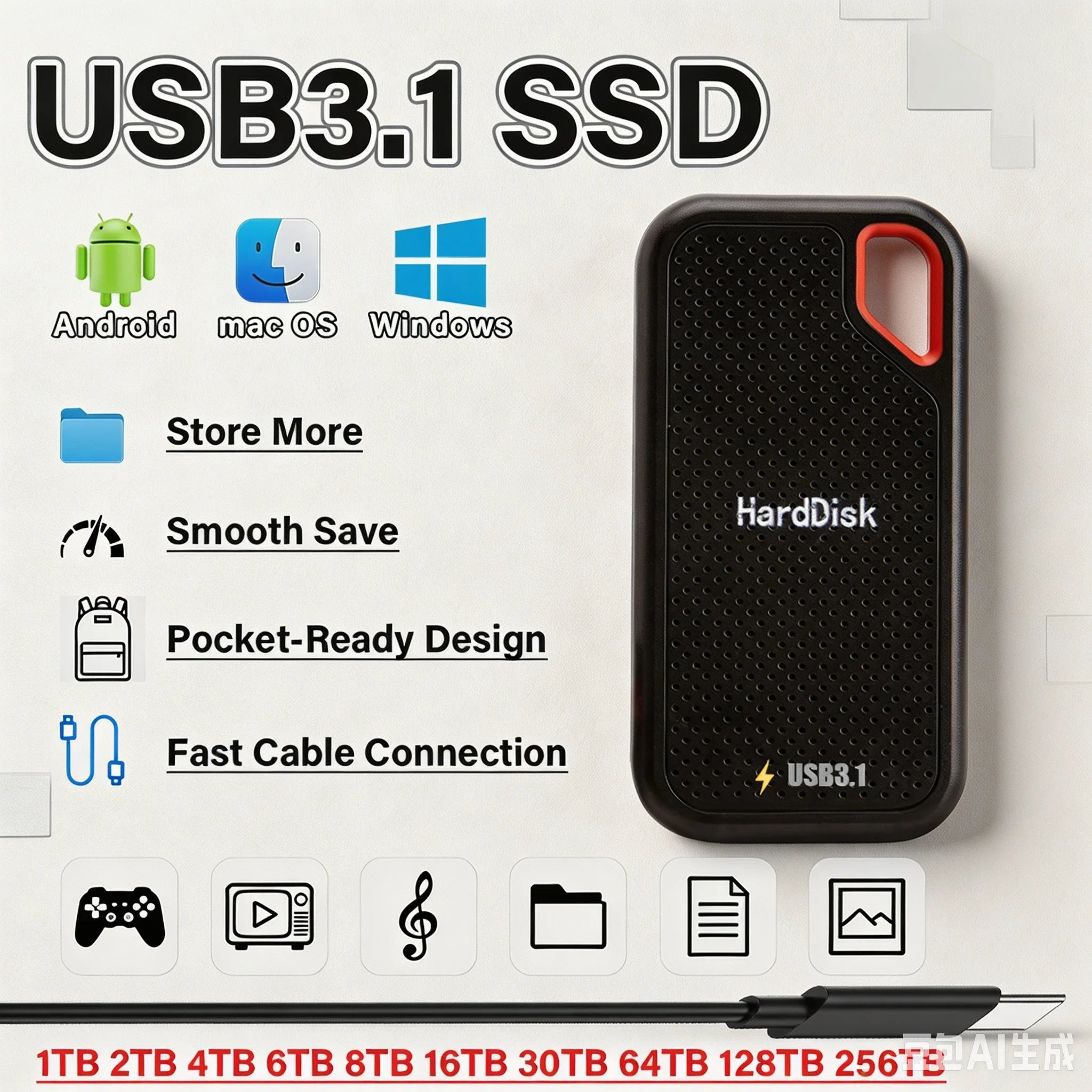 Broad Storage 64TB Usb3.1 Solid State External Drive 16TB 30TB Wide