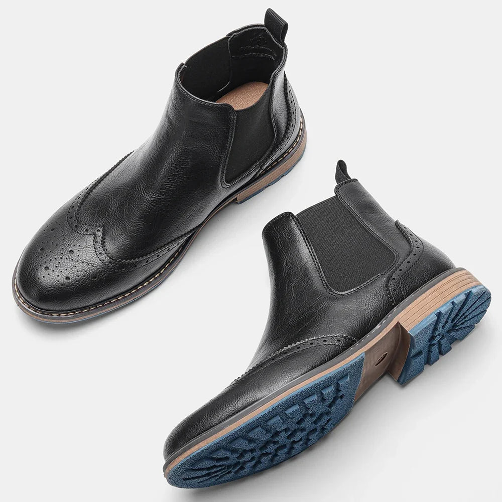 Brogue Chelsea Men's Boots | American Style Comfortable Fashion Leather Boots (Low Heel)