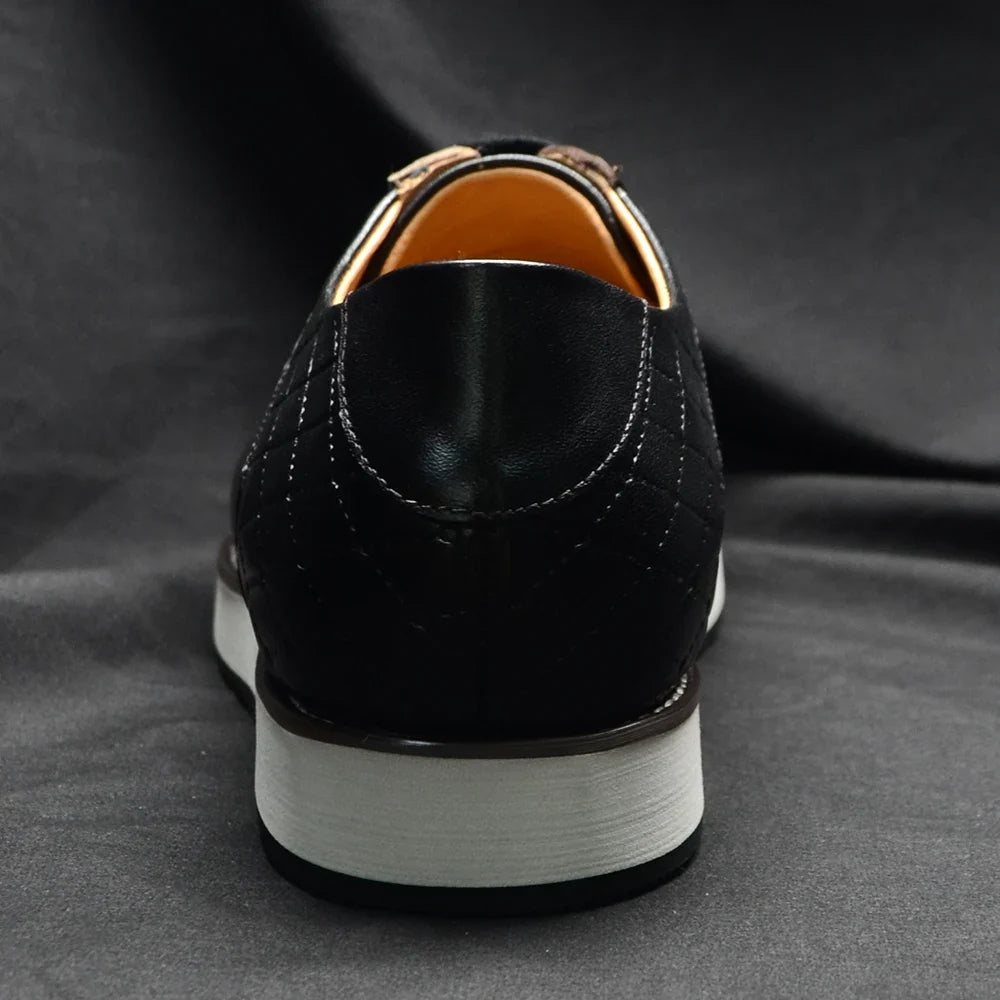 Europe 2024 Fall Luxury Men's Genuine Leather Plaid Casual Shoes | Black & Dark Brown Business Sneakers (Height Increasing)