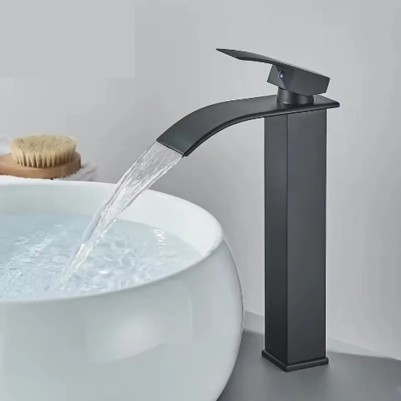 Brushed Gold Waterfall Bathroom Faucet - Single Lever Deck-Mount Basin Mixer, Single Hole, Stainless Steel Ceramic Valve