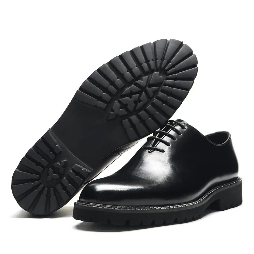 Elegant Black Men's Dress Shoes | Genuine Natural Whole Leather Oxfords (Height Increasing, Breathable)