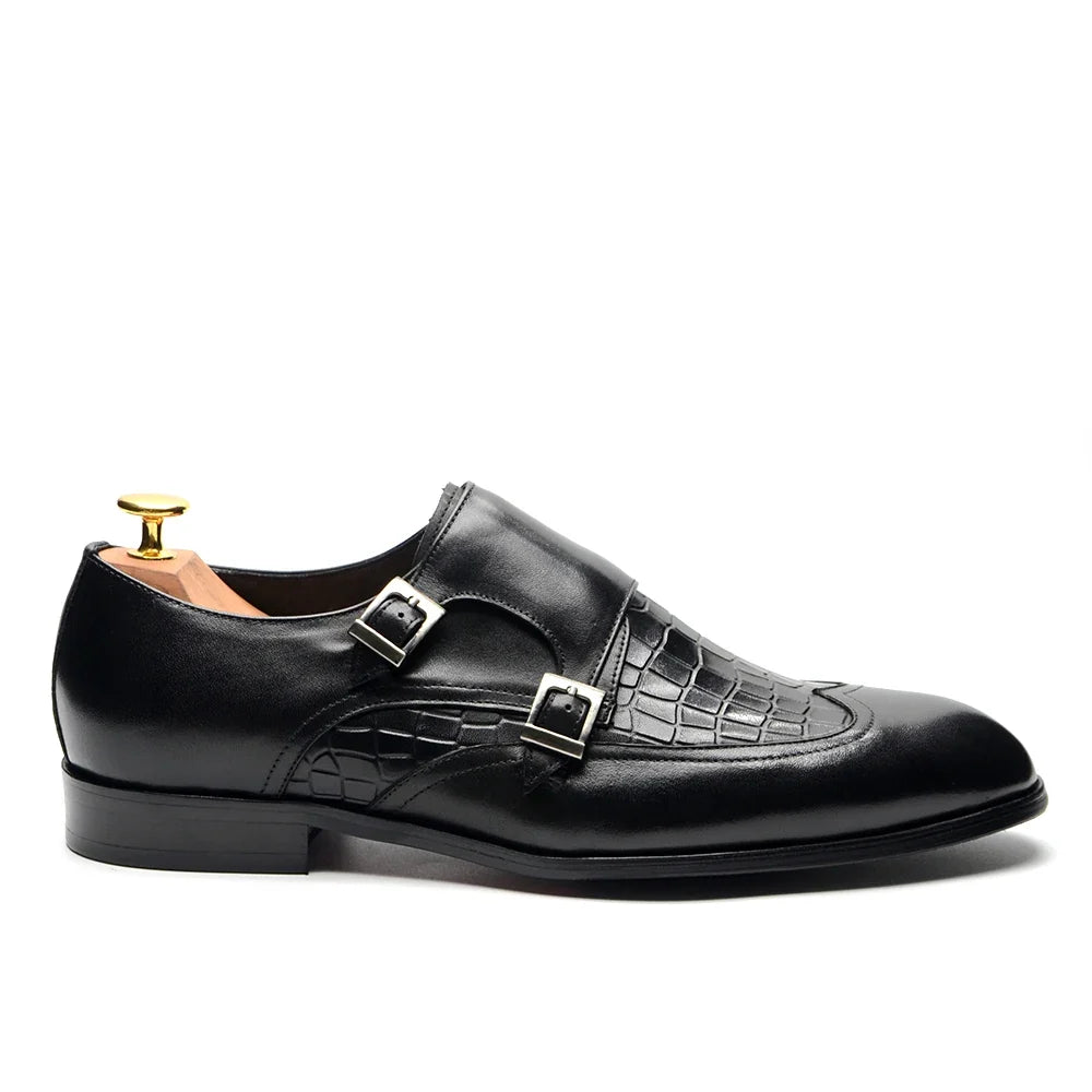 Elegant Men's Genuine Leather Monk Strap Shoes | Stone Pattern Print Double Buckle & Cap Toe (Business, Party, Social)
