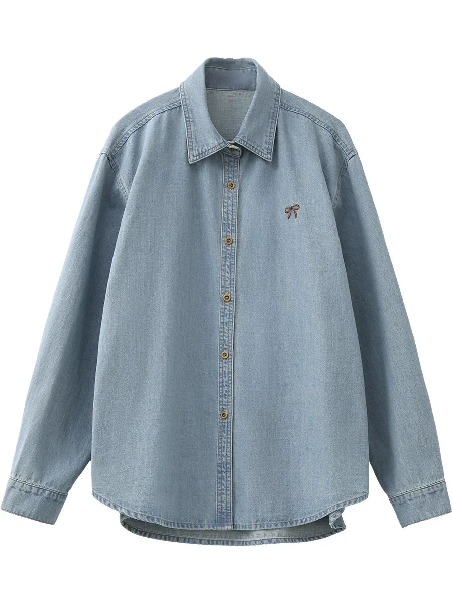 Bow Embroidered Denim Shirt Loose Blue Blouse