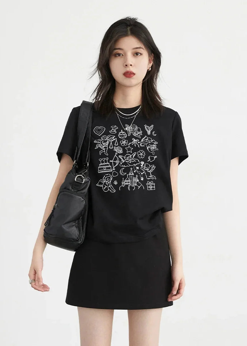 Women’s Printed O-Neck T-Shirt Slim Fit Summer Cotton Tee