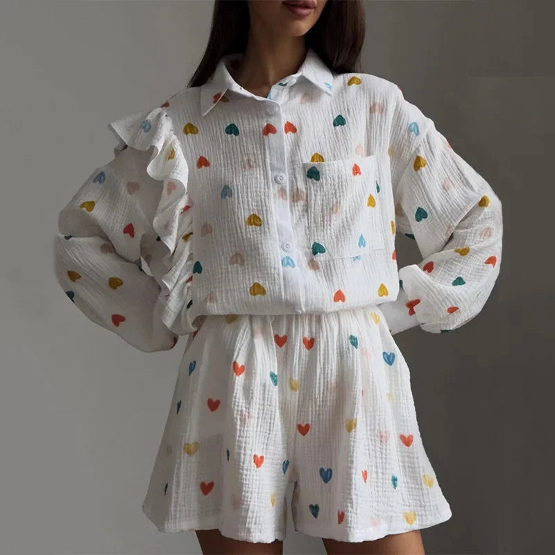 Women’s Love Print Cotton Linen Pajama Set with Shorts