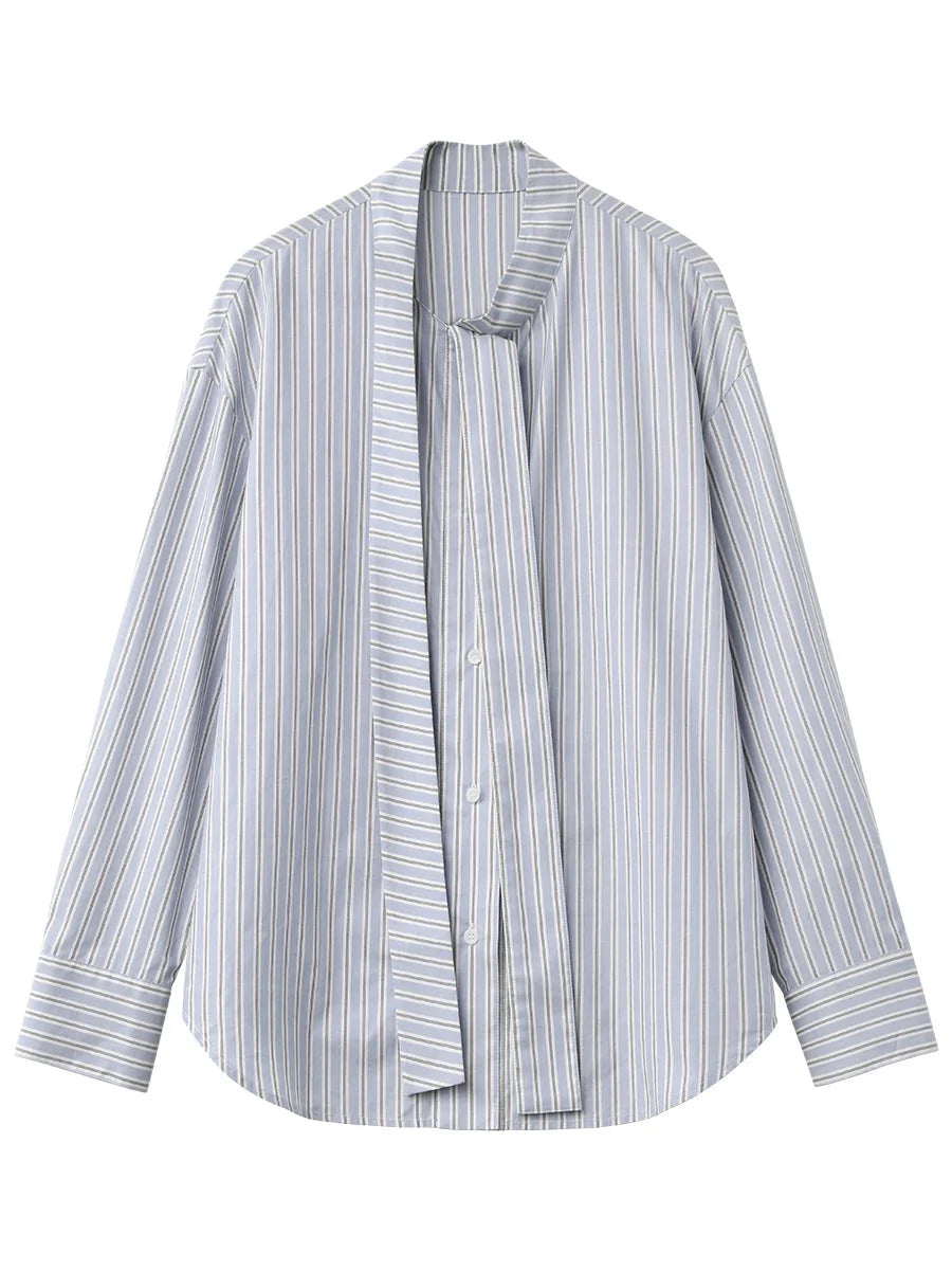 Blue Striped Bow Tie Blouse Cotton Casual Shirt