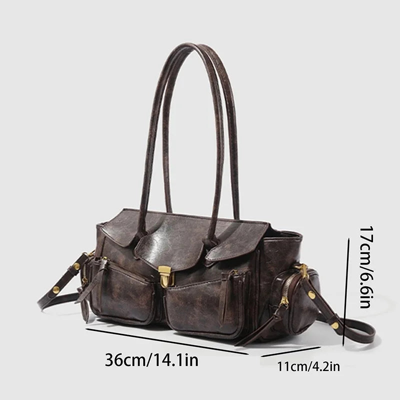 Vintage Underarm Bag for Women | Soft Split Leather Multi-Pocket Shoulder Handbag (Luxury Designer, Half Moon Shape)