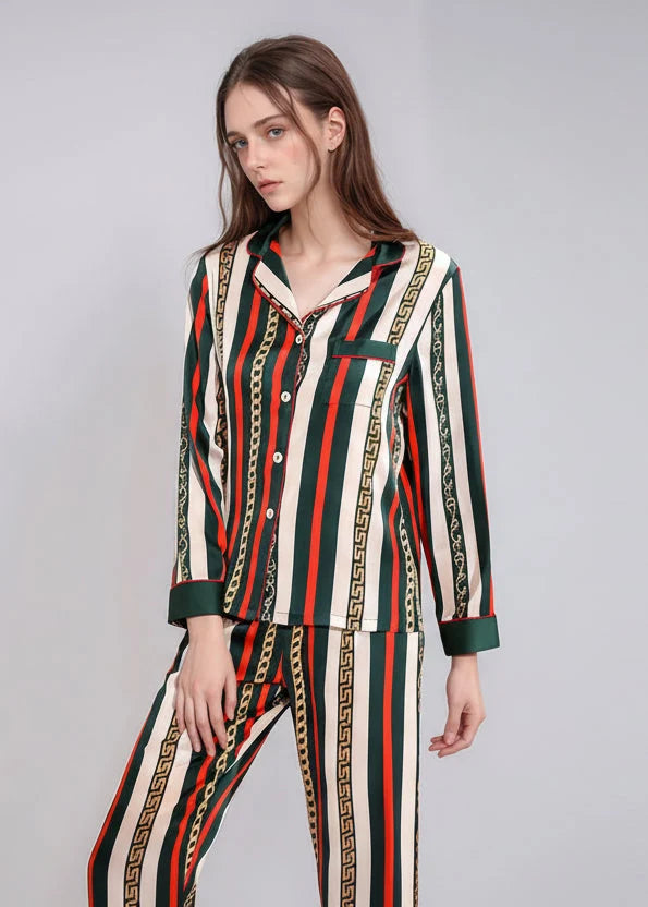 Luxury Mulberry Silk Pajamas Striped Long Sleeve Set