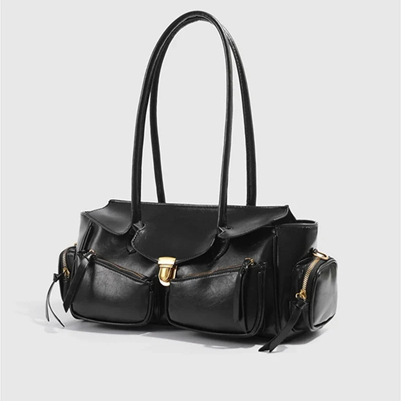 Vintage Underarm Bag for Women | Soft Split Leather Multi-Pocket Shoulder Handbag (Luxury Designer, Half Moon Shape)