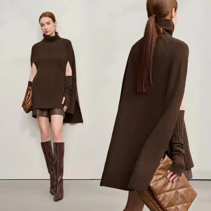 Chic Turtleneck Knit Sweater Cape | Solid Winter Pullover