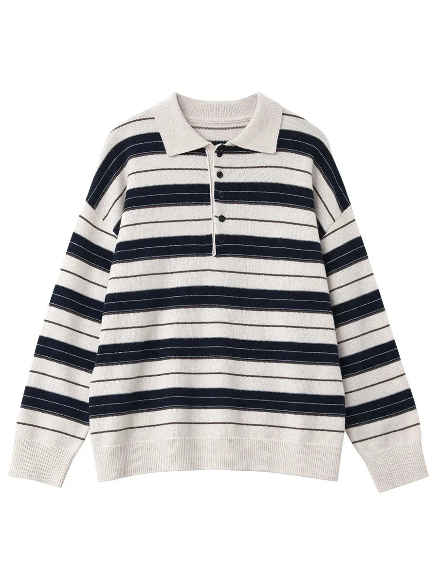 Striped Polo Collar Sweater Casual Knit Pullover