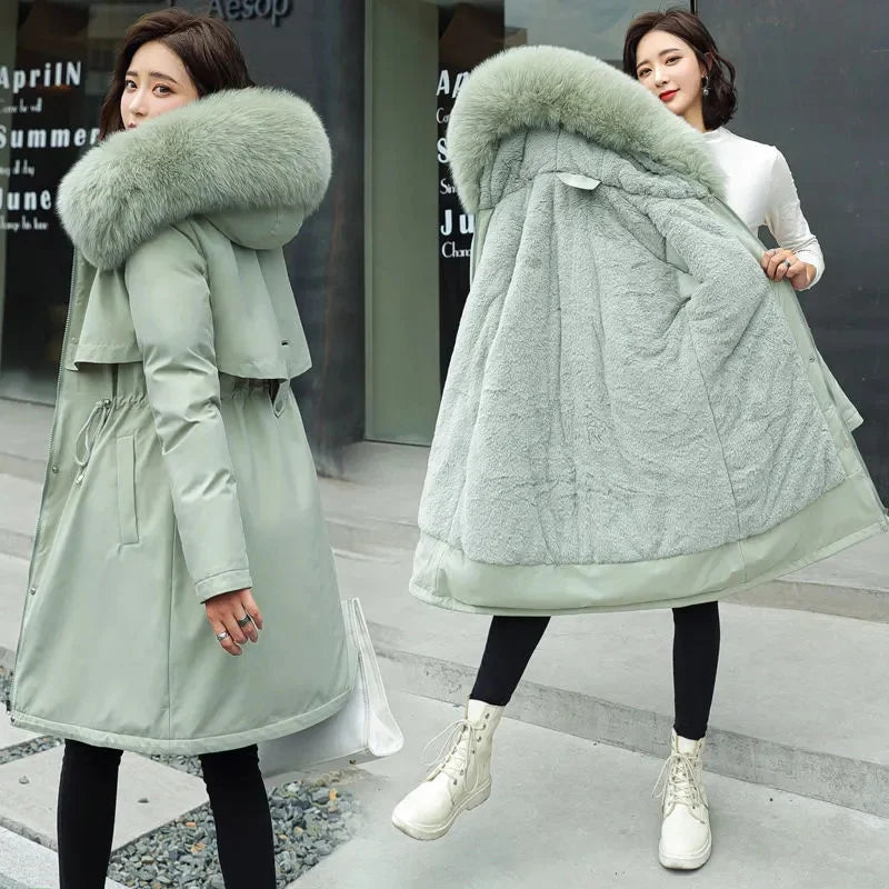 Women Winter Parka – Hooded Fur Collar Thick Warm Long Coat