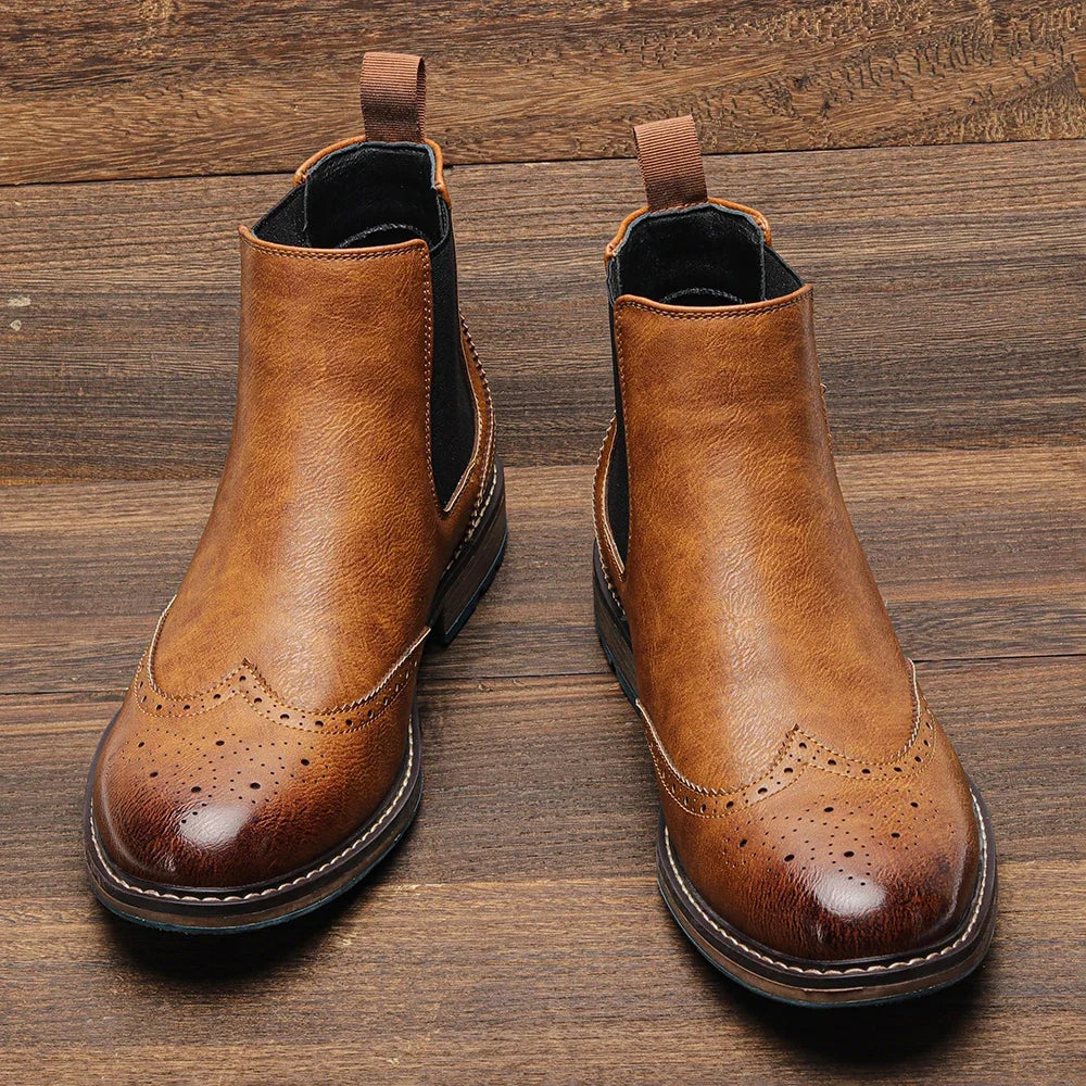 Brogue Chelsea Men's Boots | American Style Comfortable Fashion Leather Boots (Low Heel)