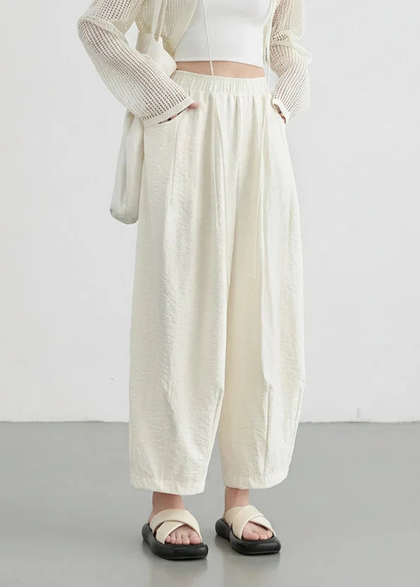 White Wide-Leg Pants High-Waisted Casual