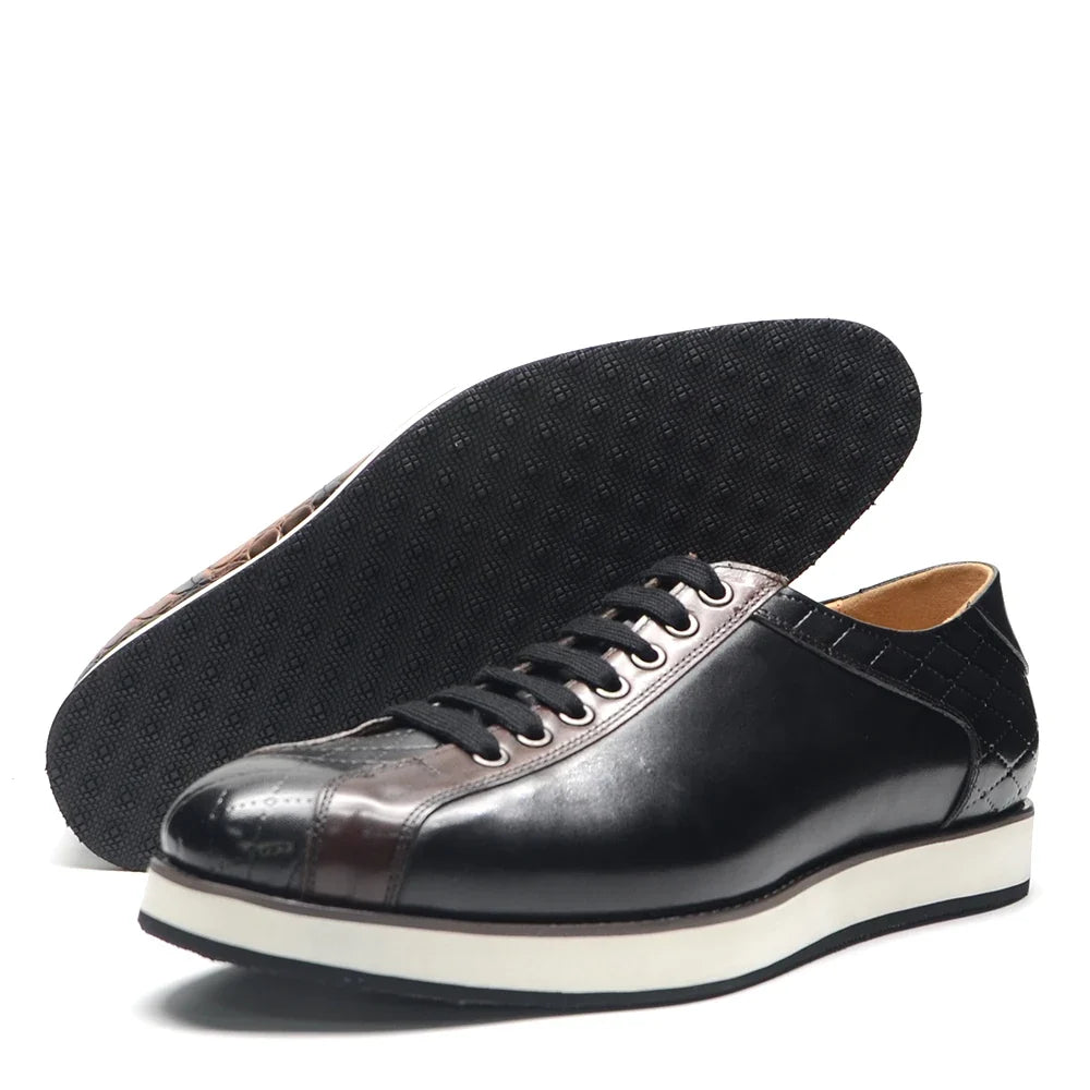 Europe 2024 Fall Luxury Men's Genuine Leather Plaid Casual Shoes | Black & Dark Brown Business Sneakers (Height Increasing)