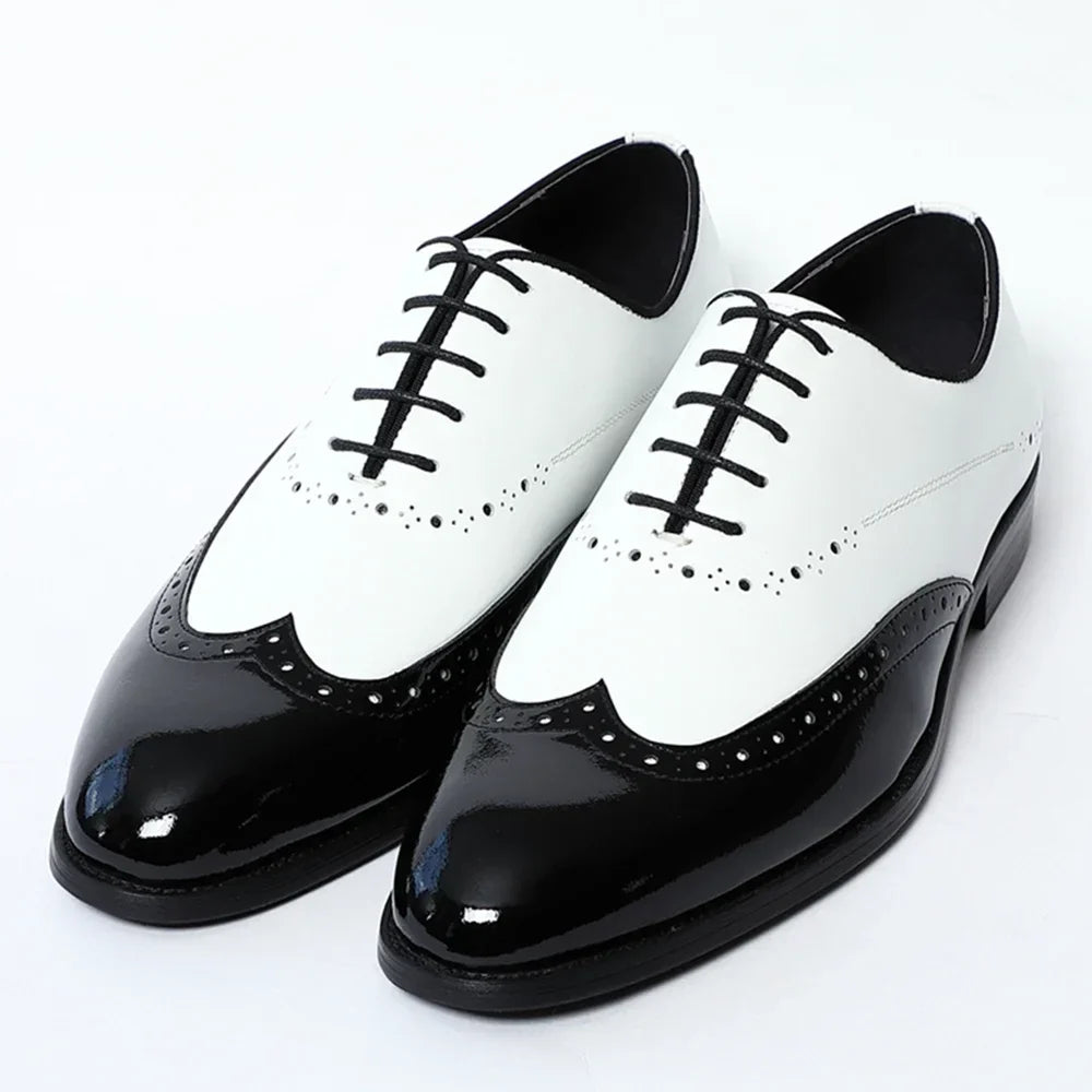Elegant Men's White & Black Wingtip Brogue Oxfords | Genuine Leather Wedding, Party & Social Dress Shoes