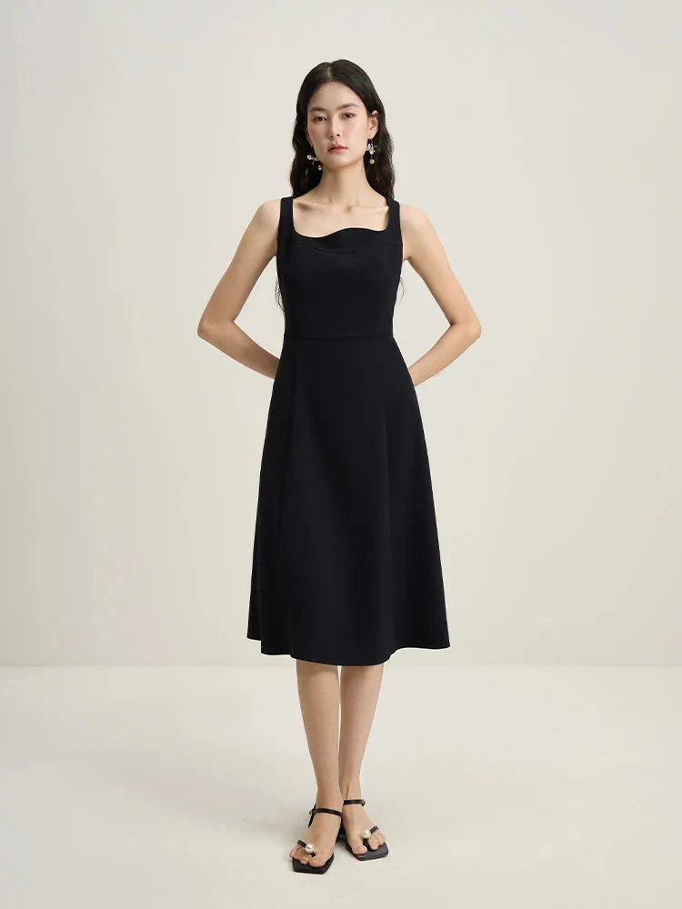 French Style Corrugated Collar Black Dress
