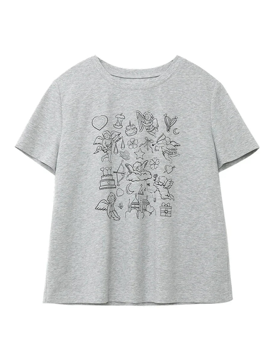 Women’s Printed O-Neck T-Shirt Slim Fit Summer Cotton Tee