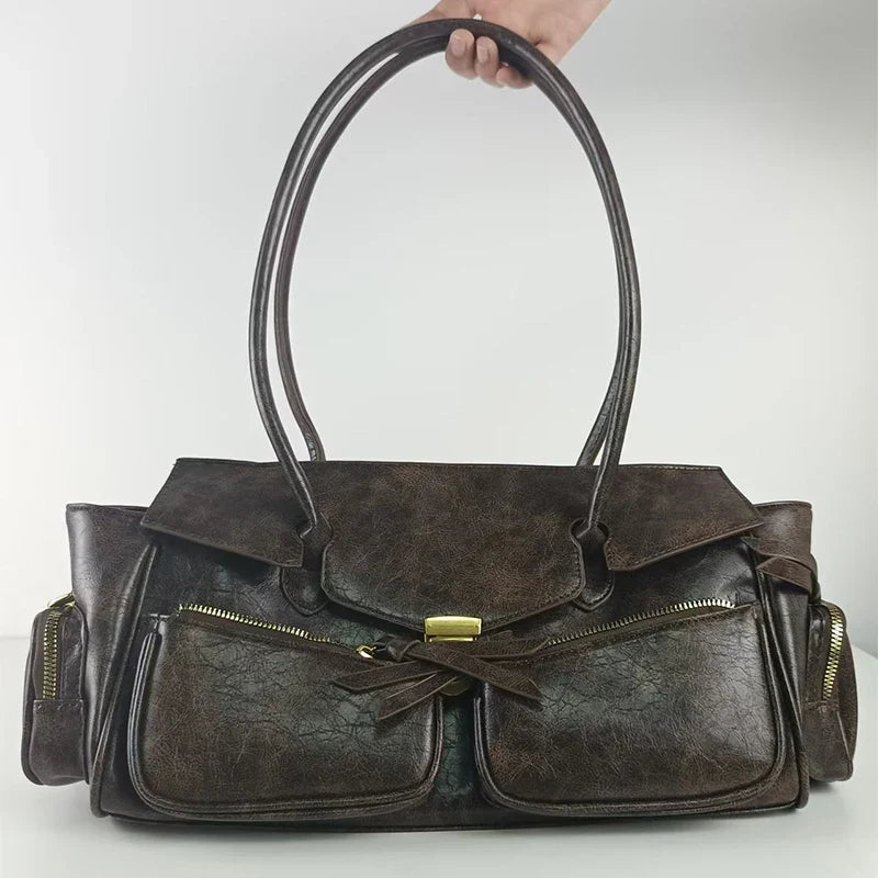 Vintage Underarm Bag for Women | Soft Split Leather Multi-Pocket Shoulder Handbag (Luxury Designer, Half Moon Shape)