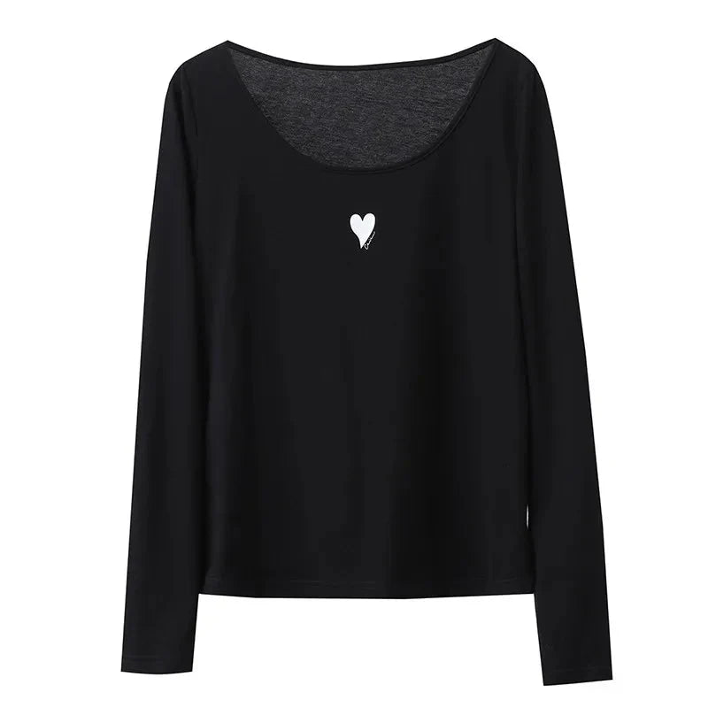 U-Neck Contrast Print Tee Long Sleeve Cotton Basic