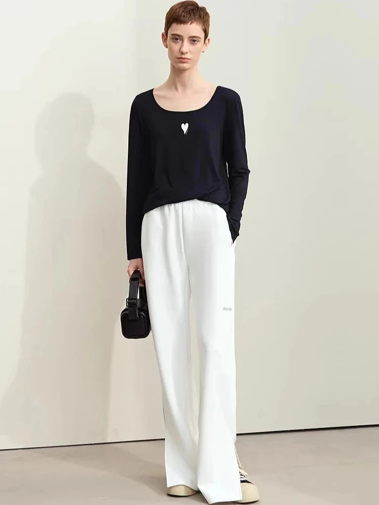 U-Neck Contrast Print Tee Long Sleeve Cotton Basic
