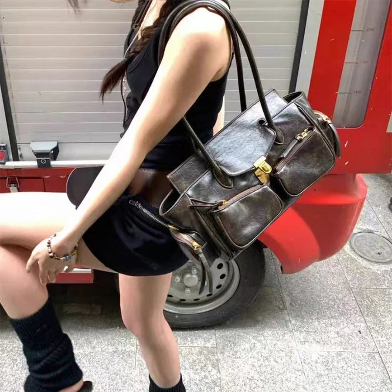 Vintage Underarm Bag for Women | Soft Split Leather Multi-Pocket Shoulder Handbag (Luxury Designer, Half Moon Shape)
