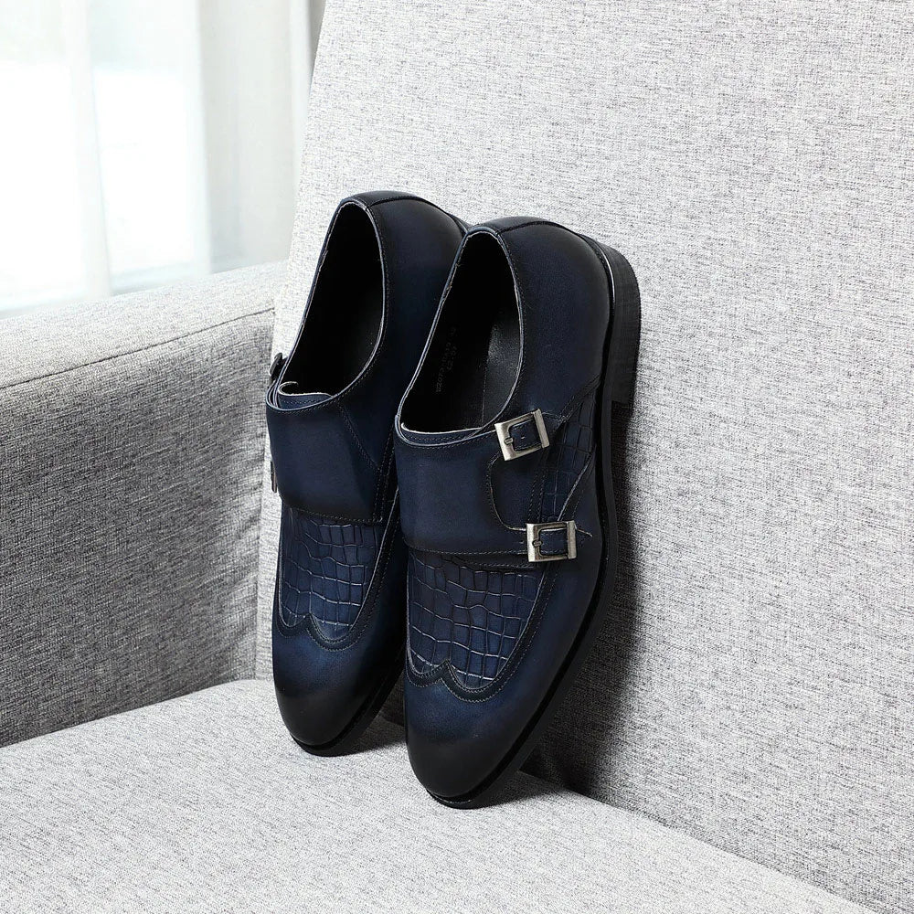 Elegant Men's Genuine Leather Monk Strap Shoes | Stone Pattern Print Double Buckle & Cap Toe (Business, Party, Social)