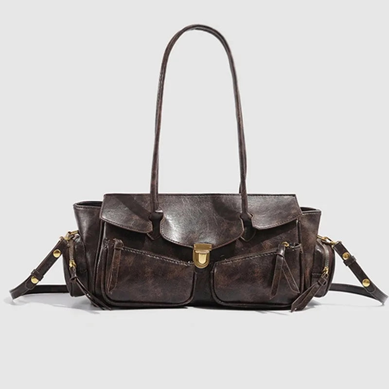 Vintage Underarm Bag for Women | Soft Split Leather Multi-Pocket Shoulder Handbag (Luxury Designer, Half Moon Shape)