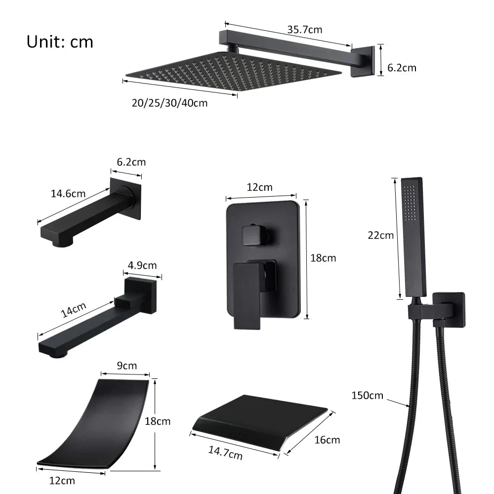 Matte Black Concealed In-Wall Rainfall Shower System with Tub Spout - Wall-Mount Mixer Faucet Set