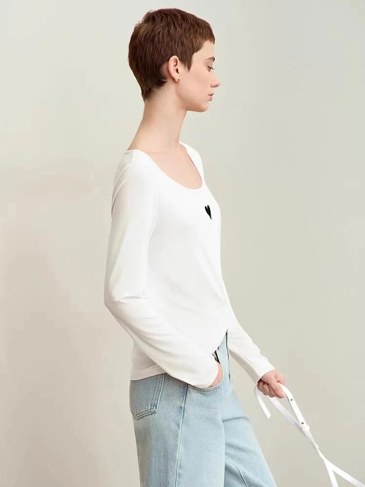 U-Neck Contrast Print Tee Long Sleeve Cotton Basic
