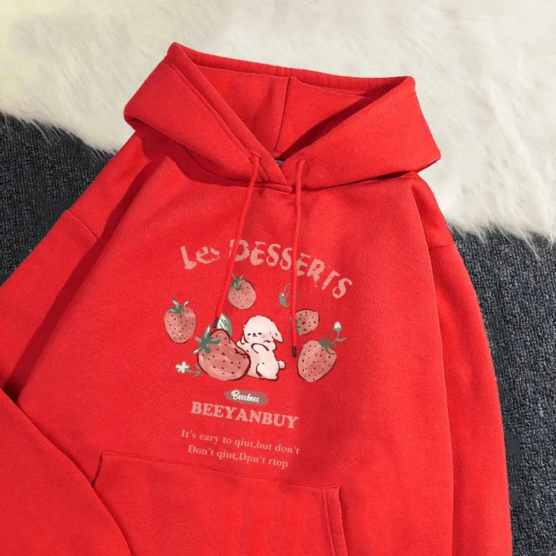 Cute Rabbit Strawberry Print Women's Hoodie