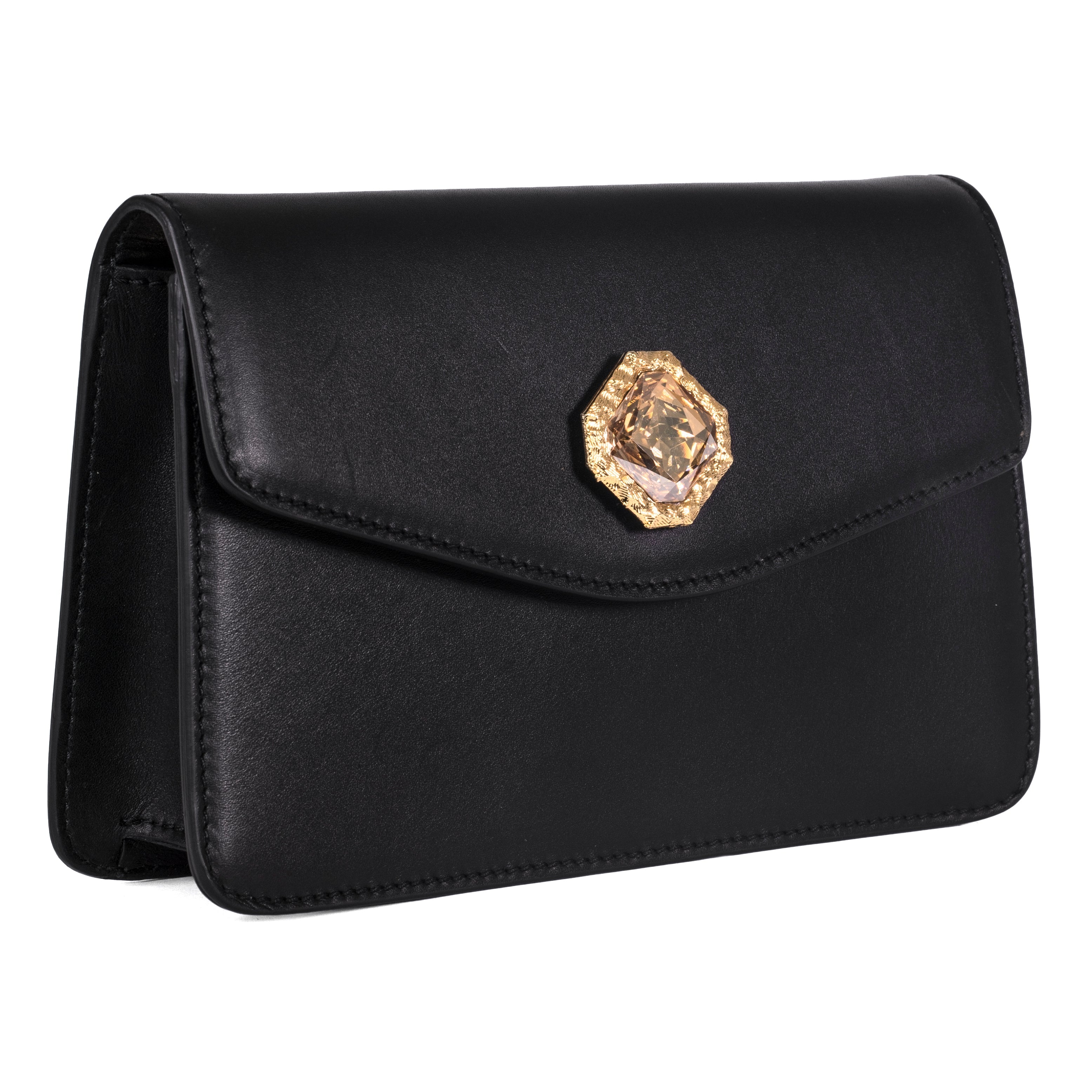 Black Leather Clutch With Custom Swarovski Stone