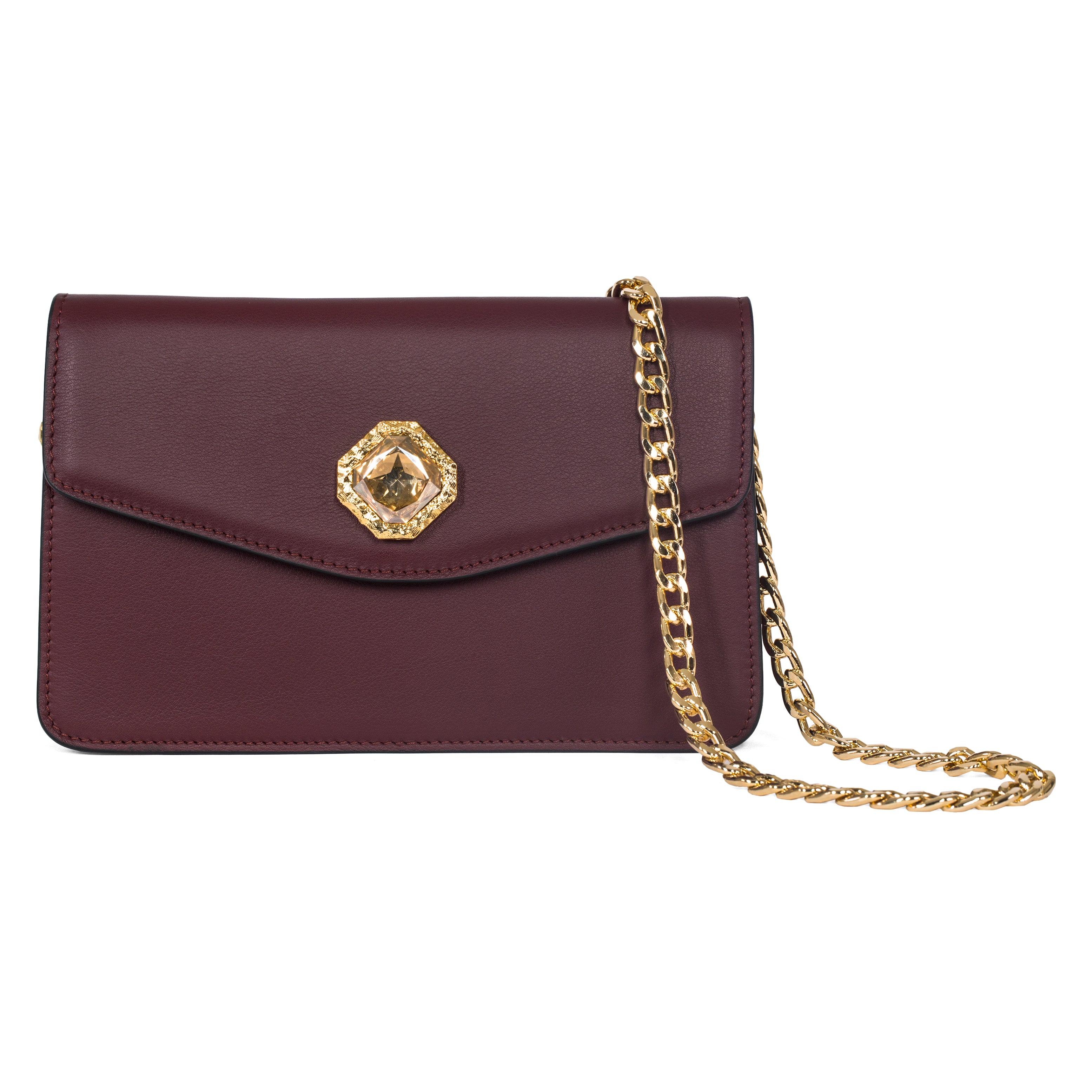 Bordeaux Leather Clutch  With Custom Swarovski Stone