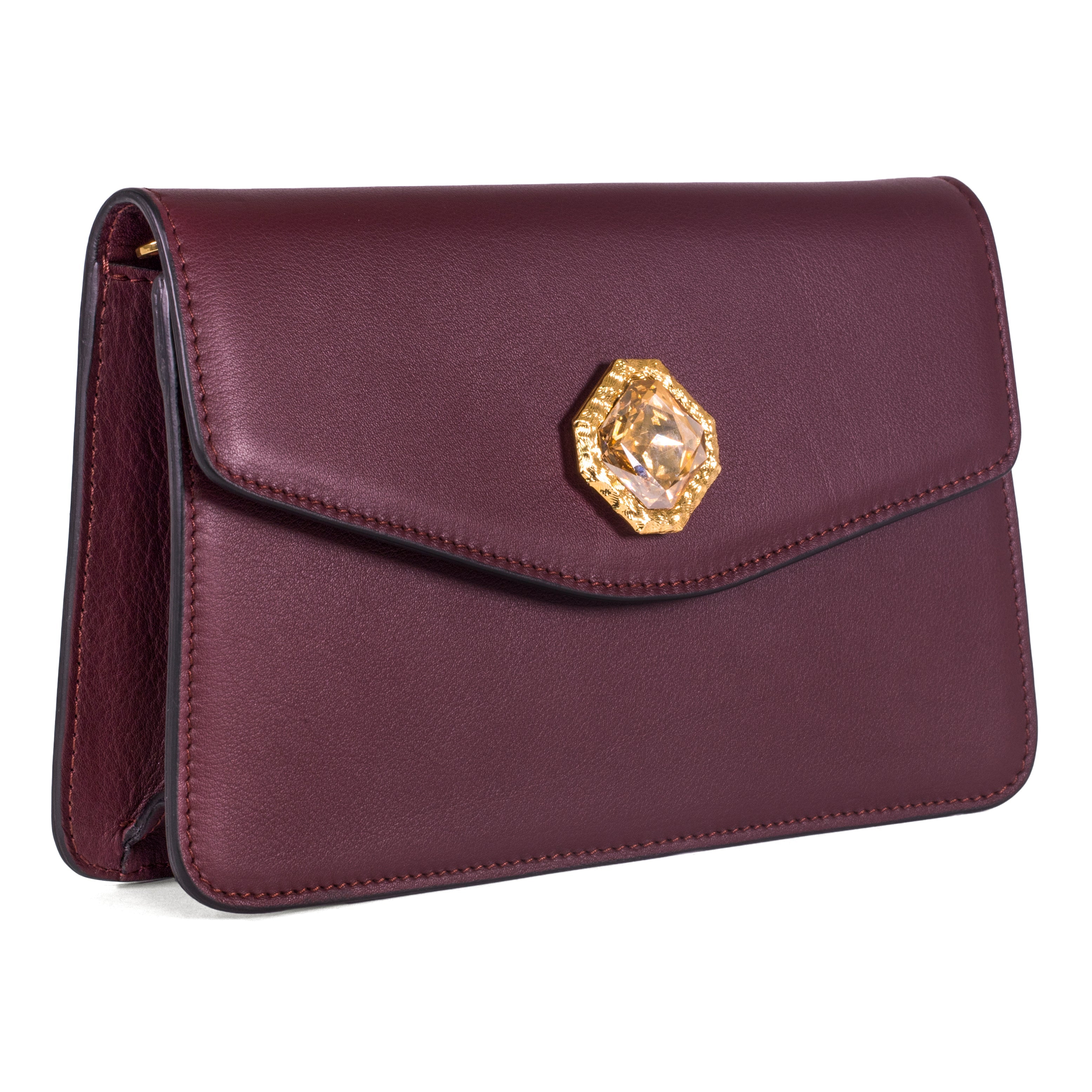 Bordeaux Leather Clutch  With Custom Swarovski Stone