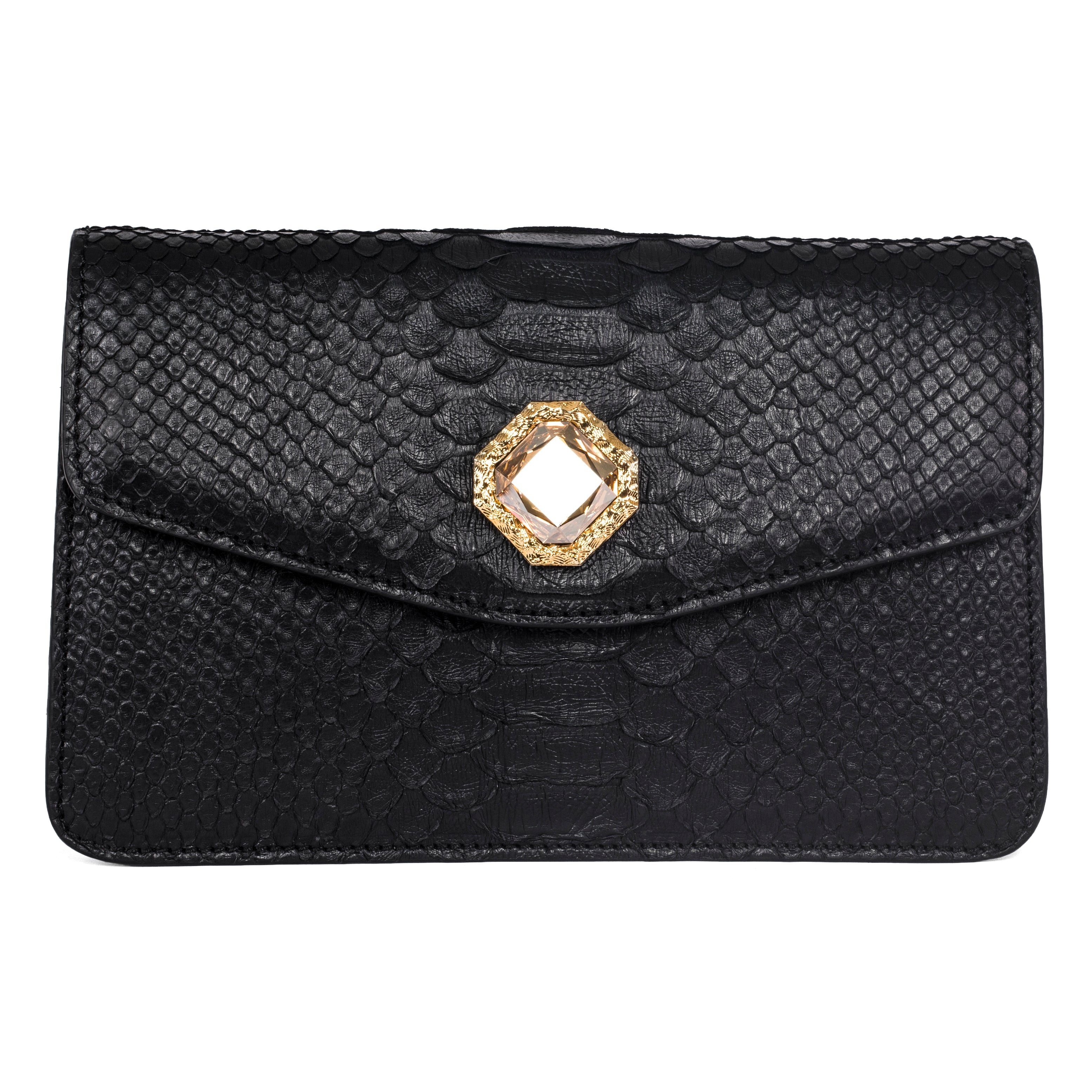 Black Python Clutch with Custom Swarovski Stone