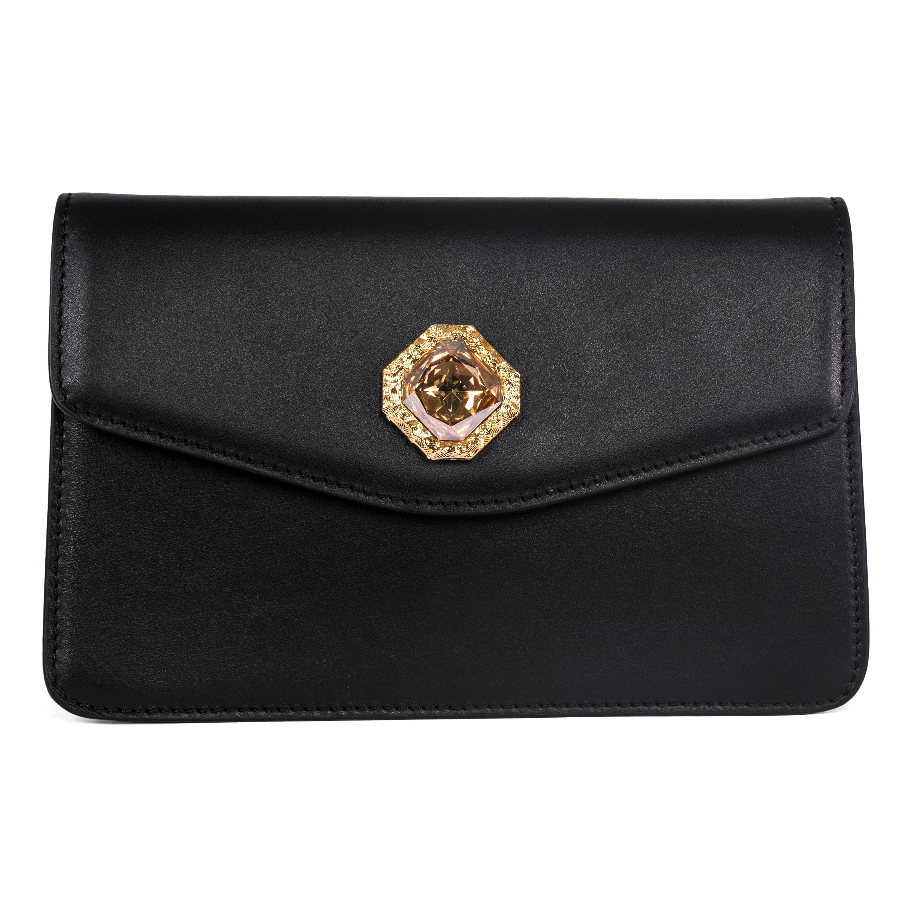 Black Leather Clutch With Custom Swarovski Stone