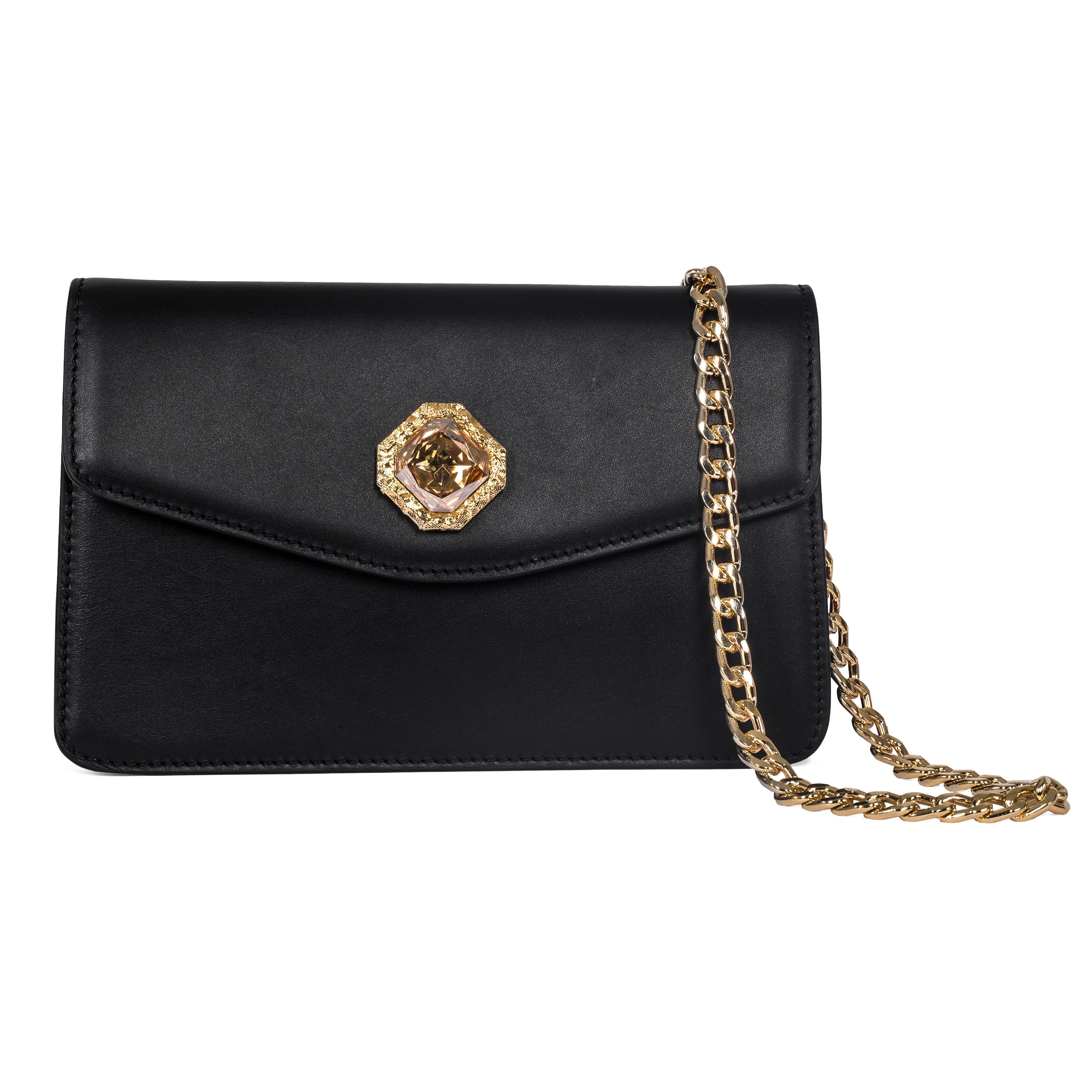 Black Leather Clutch With Custom Swarovski Stone