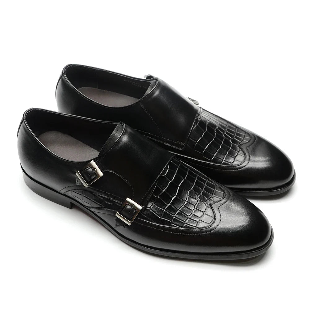 Elegant Men's Genuine Leather Monk Strap Shoes | Stone Pattern Print Double Buckle & Cap Toe (Business, Party, Social)