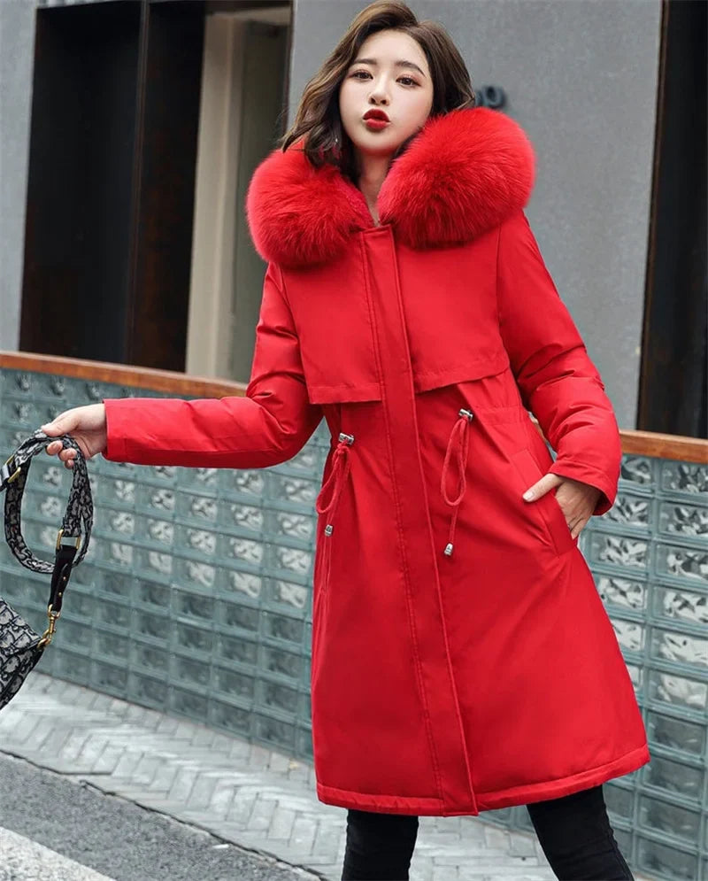 Women Winter Parka – Hooded Fur Collar Thick Warm Long Coat