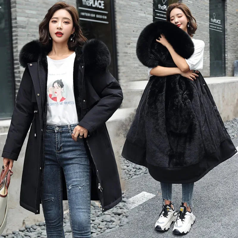 Women Winter Parka – Hooded Fur Collar Thick Warm Long Coat