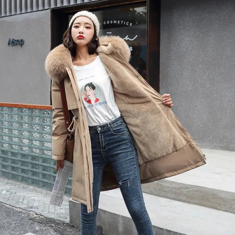 Women Winter Parka – Hooded Fur Collar Thick Warm Long Coat