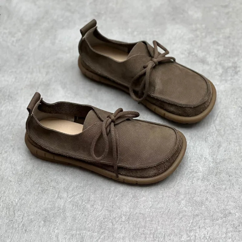 Johnature Handmade Genuine Leather Flats 2026 New Women Shoes Round Toe Shallow Soft Sole Loafers Retro Solid Color Shoes