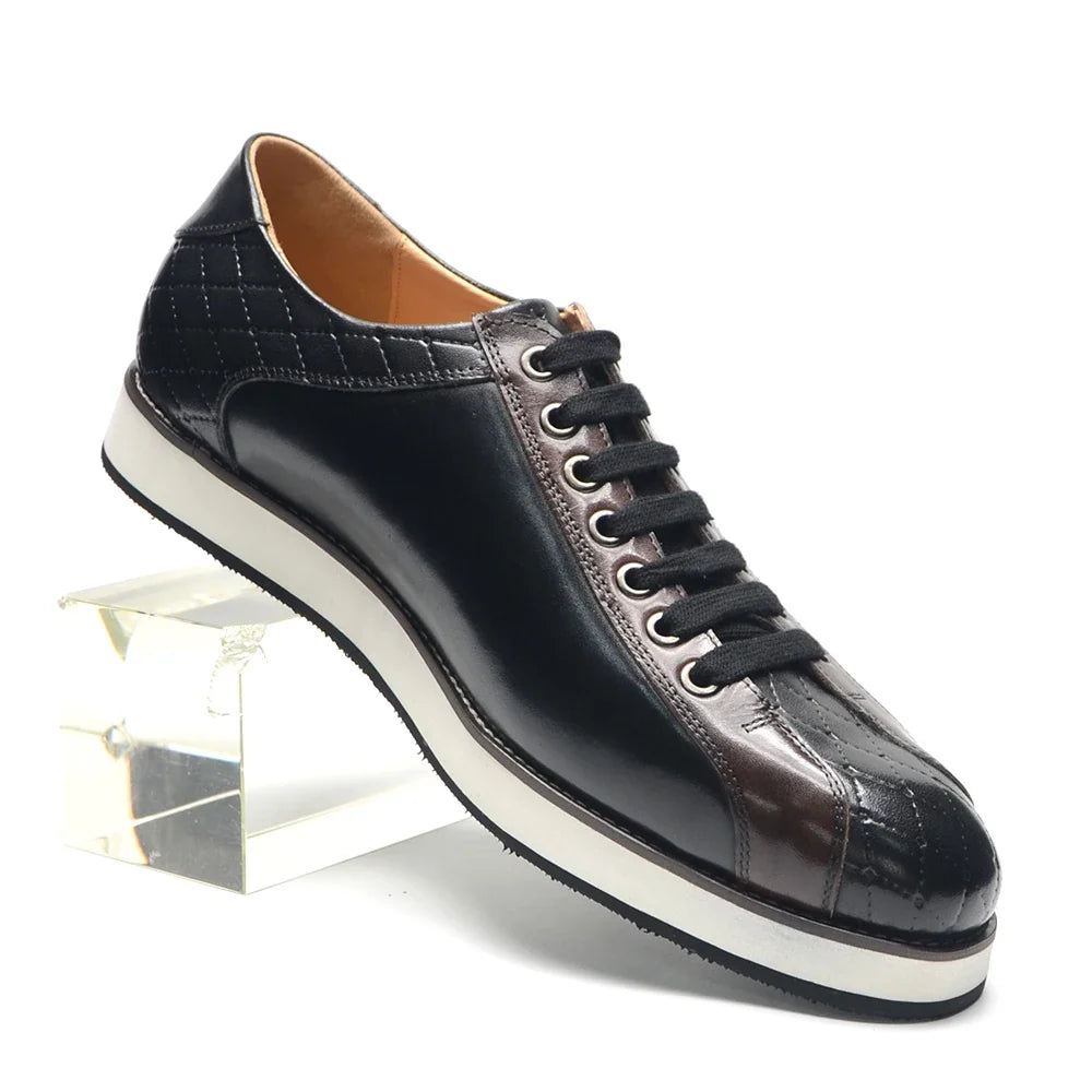 Europe 2024 Fall Luxury Men's Genuine Leather Plaid Casual Shoes | Black & Dark Brown Business Sneakers (Height Increasing)