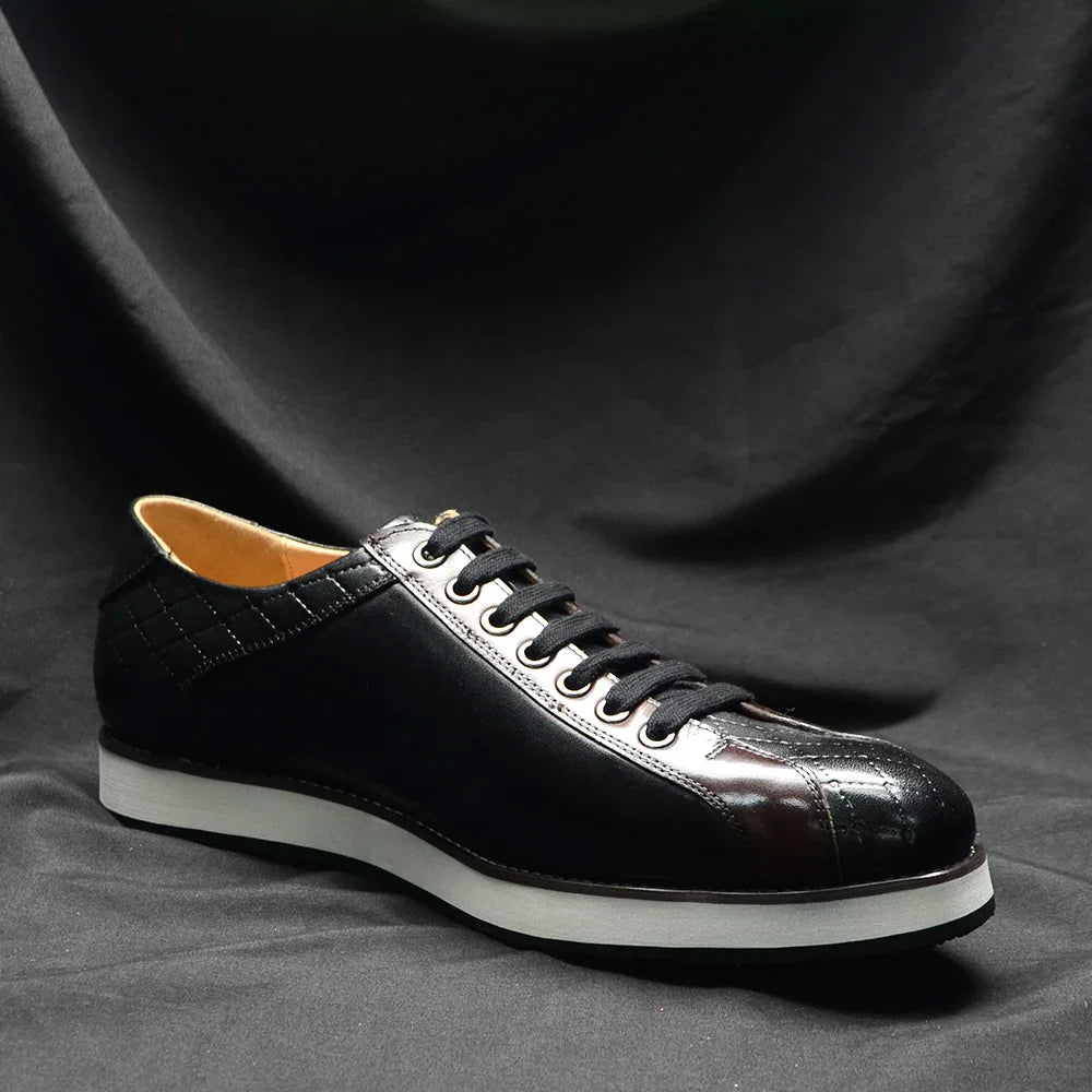 Europe 2024 Fall Luxury Men's Genuine Leather Plaid Casual Shoes | Black & Dark Brown Business Sneakers (Height Increasing)