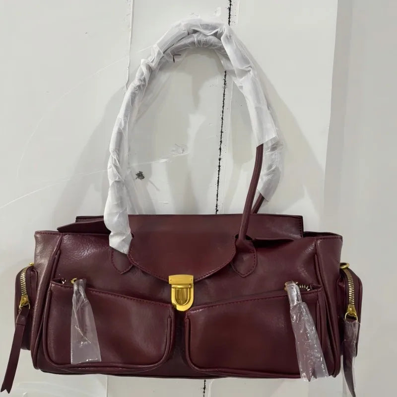 Vintage Underarm Bag for Women | Soft Split Leather Multi-Pocket Shoulder Handbag (Luxury Designer, Half Moon Shape)