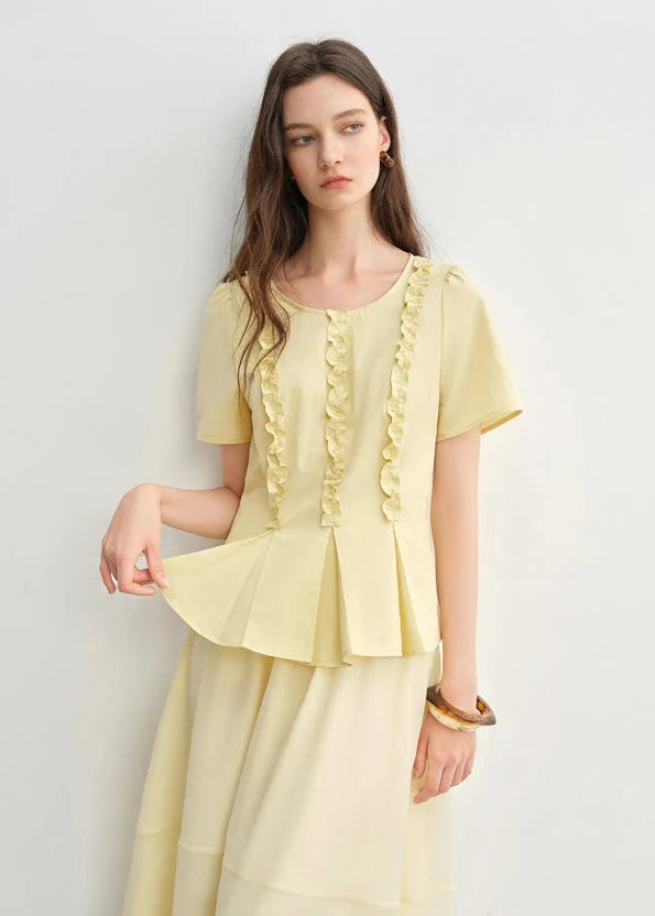 Plus Size Slimming Pleated Shirt Youthful Round Neck